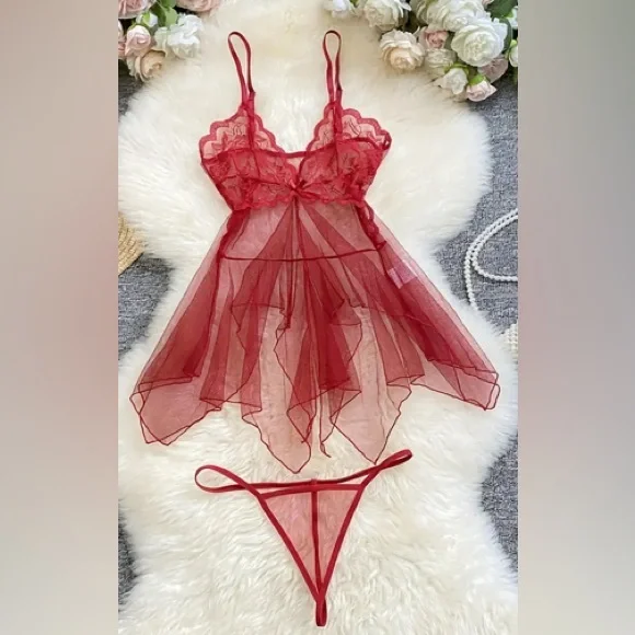 Elegant Lace Babydoll Set - Black and Red - Picture 3 of 5